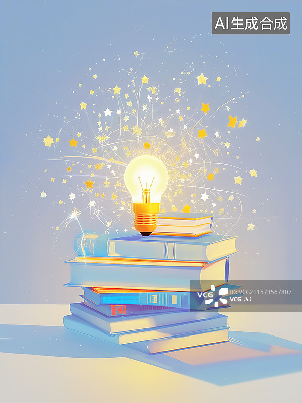 【AI数字艺术】高考冲刺金榜题名高考加油插画 堆叠的书籍和发光的灯泡 挑灯夜读的场景 竖版图片素材