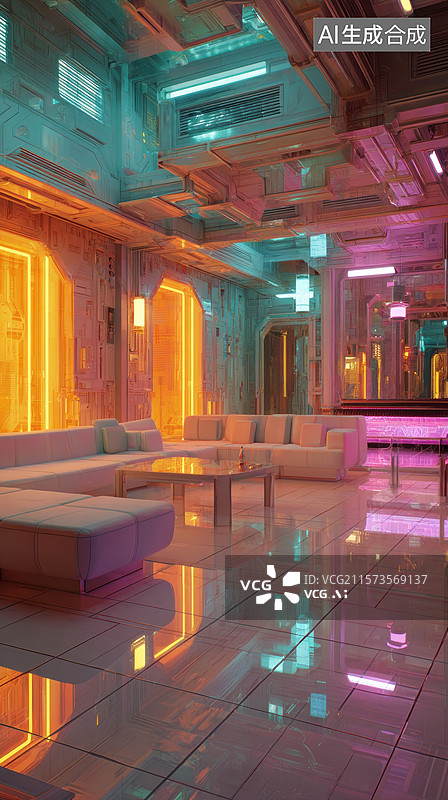 【AI数字艺术】霓虹灯光下的未来感室内空间图片素材