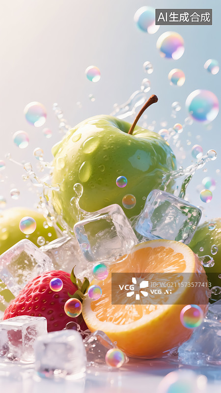 【AI数字艺术】冰水中的苹果三维插画图片素材