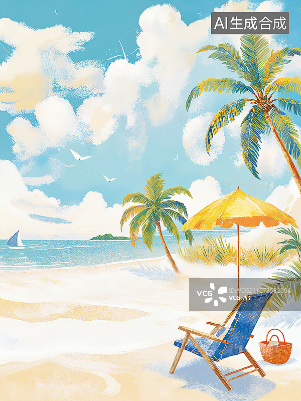 【AI数字艺术】热带沙滩海浪椰林，沙滩大海蓝天白云，夏日度假沙滩上的营地 ，暑假去海边、沙滩夏天旅游插画 竖版图片素材