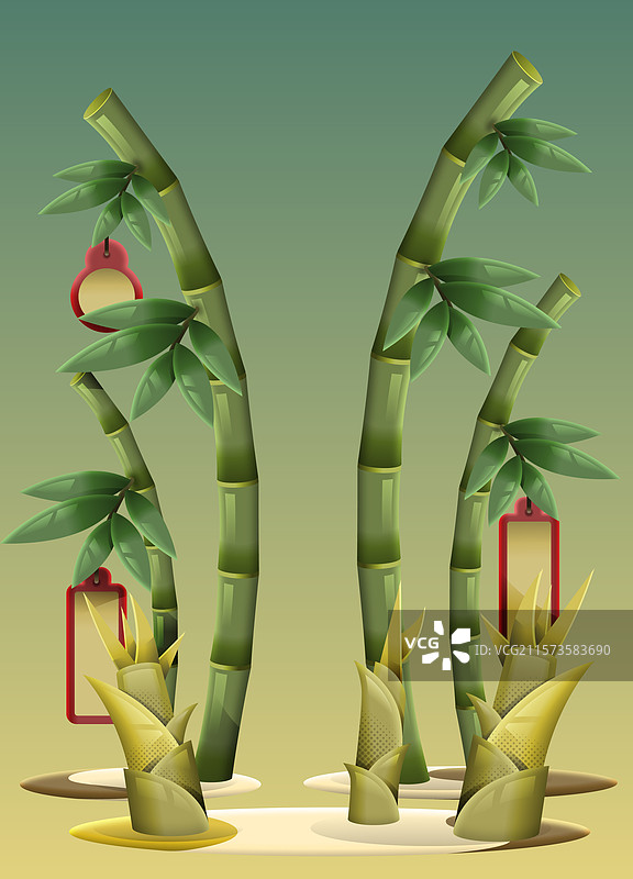 竹枝、竹笋配祈福吊牌卡通场景插画。图片素材