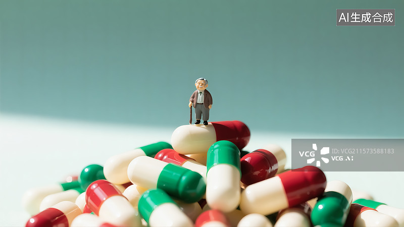 【AI数字艺术】老人站在胶囊药物上三维插画图片素材
