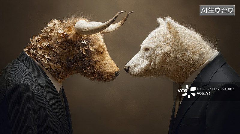 【AI数字艺术】牛和熊并排站着 熊穿着一套西装图片素材
