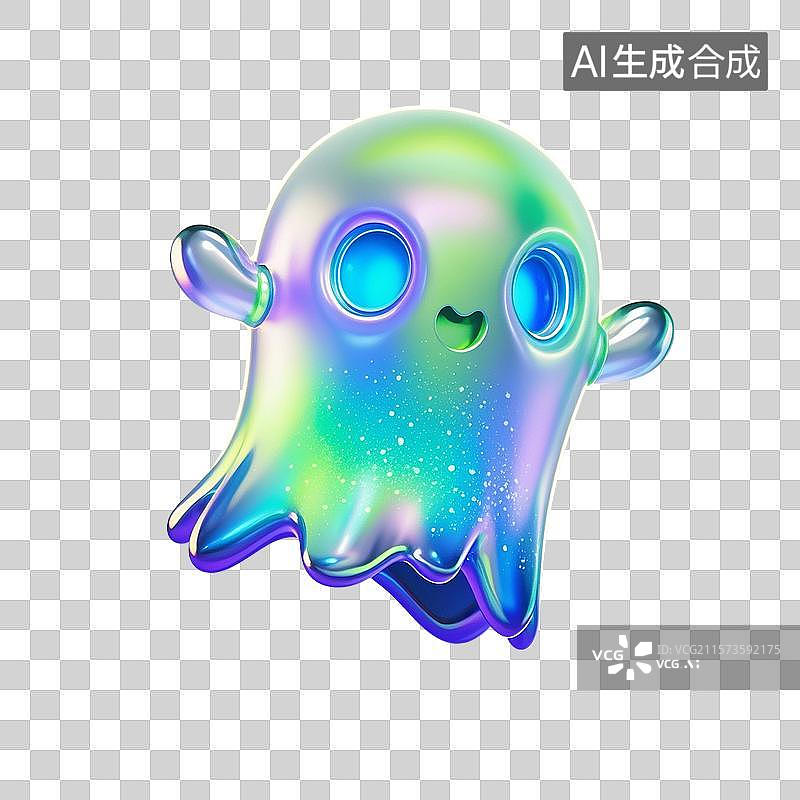 【AI数字艺术】3D渲染，炫彩激光镭射酸性金属质感，幽灵，鬼怪，怪物，万圣节，免抠元素图片素材