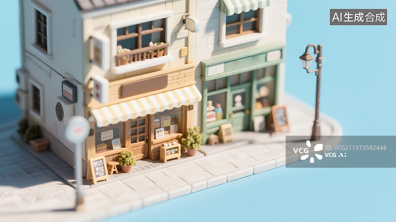 【AI数字艺术】可爱风微缩街道店铺模型场景插画图片素材