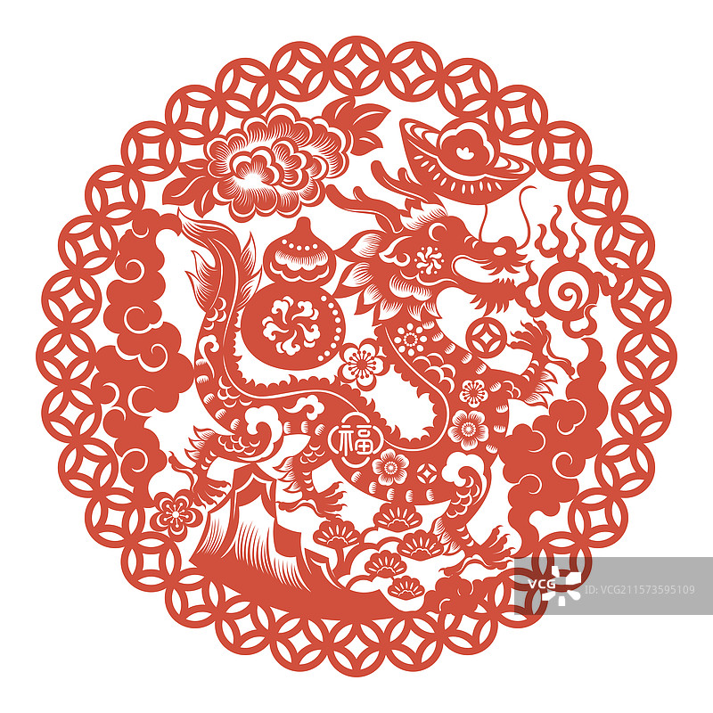 十二生肖龙祥云葫芦牡丹梅花铜钱红色剪纸插画图片素材
