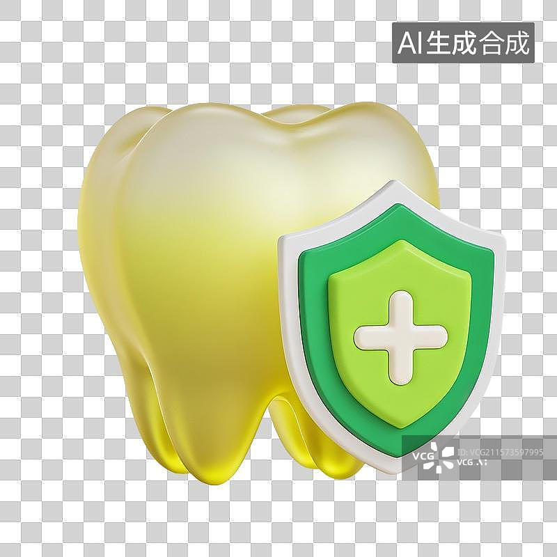 【AI数字艺术】3D渲染，牙齿与盾牌，漱口，牙齿清洁免抠元素图片素材