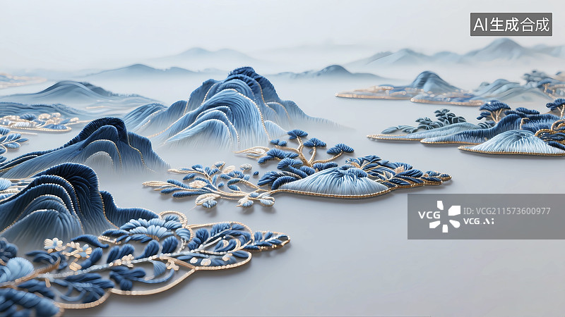 【AI数字艺术】刺绣质感传统山水画国风苏绣背景图片素材