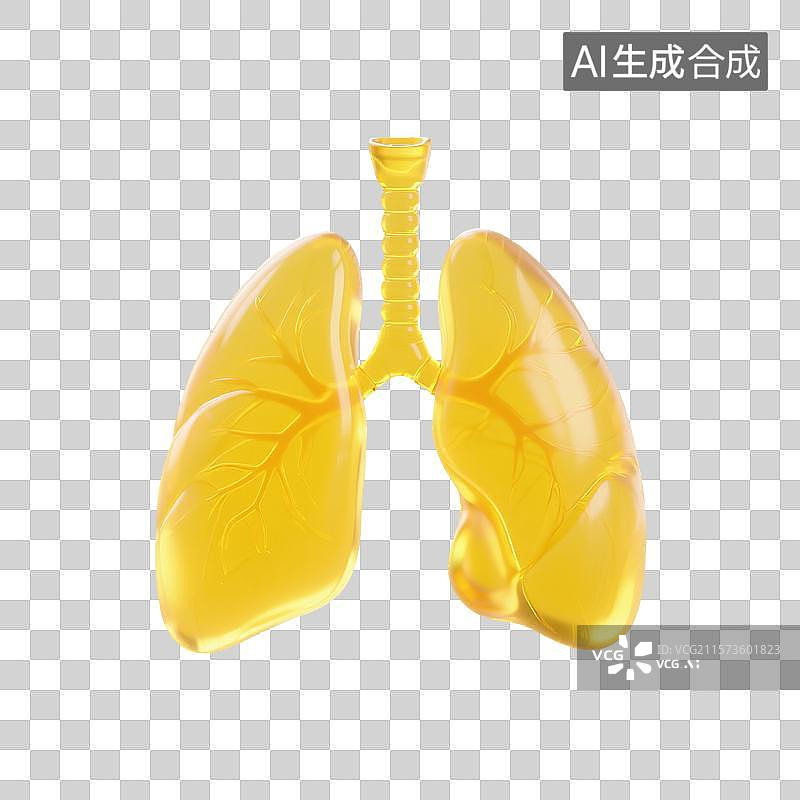 【AI数字艺术】3D渲染，黄色透明玻璃质感，肺，呼吸系统疾病，肺炎，免抠元素图片素材