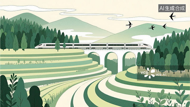 【AI数字艺术】夏天，高铁，燕子，梯田，绘本插画图片素材
