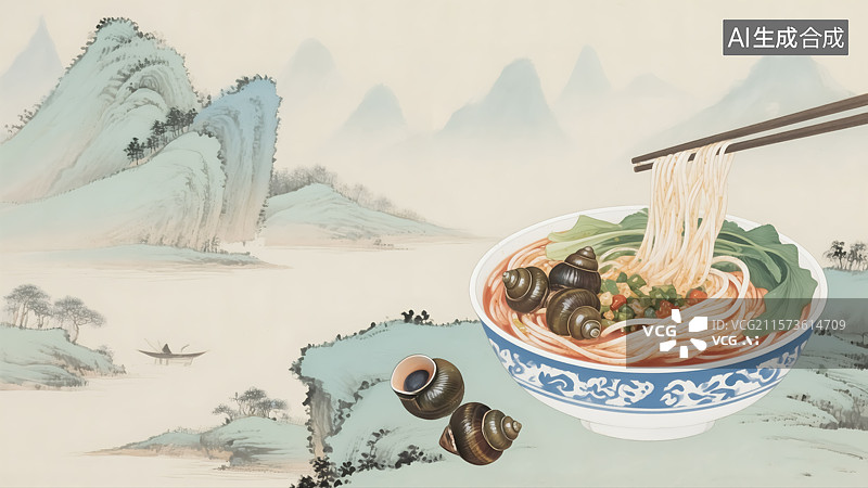 【AI数字艺术】螺蛳粉山水背景插画图片素材