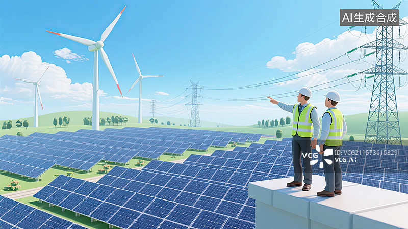【AI数字艺术】3D，工程师，新能源，太阳能发电，插画 户外图片素材