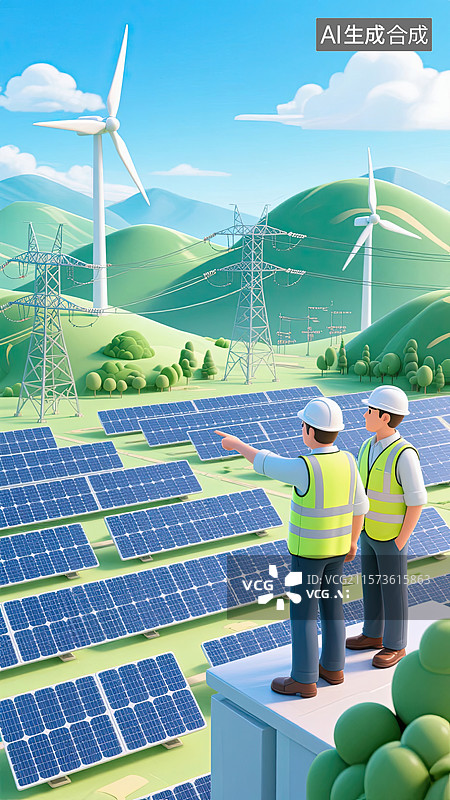 【AI数字艺术】3D，工程师，新能源，太阳能发电，插画 户外图片素材