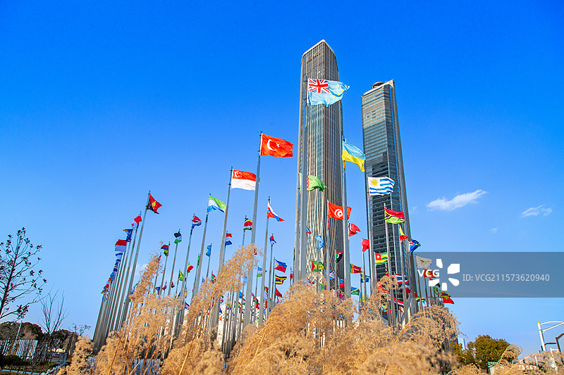 蓝天下迎风飘扬的万国旗旗阵（南京河西青奥村旗阵广场）图片素材