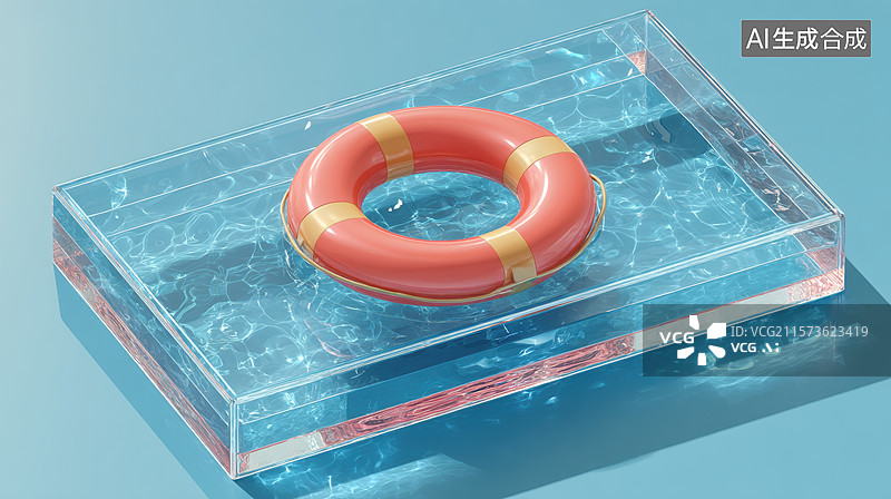 【AI数字艺术】救生圈漂浮在透明水箱中图片素材