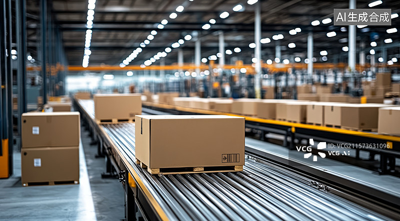 【AI数字艺术】自动化仓库中的传送带包装流程图片素材