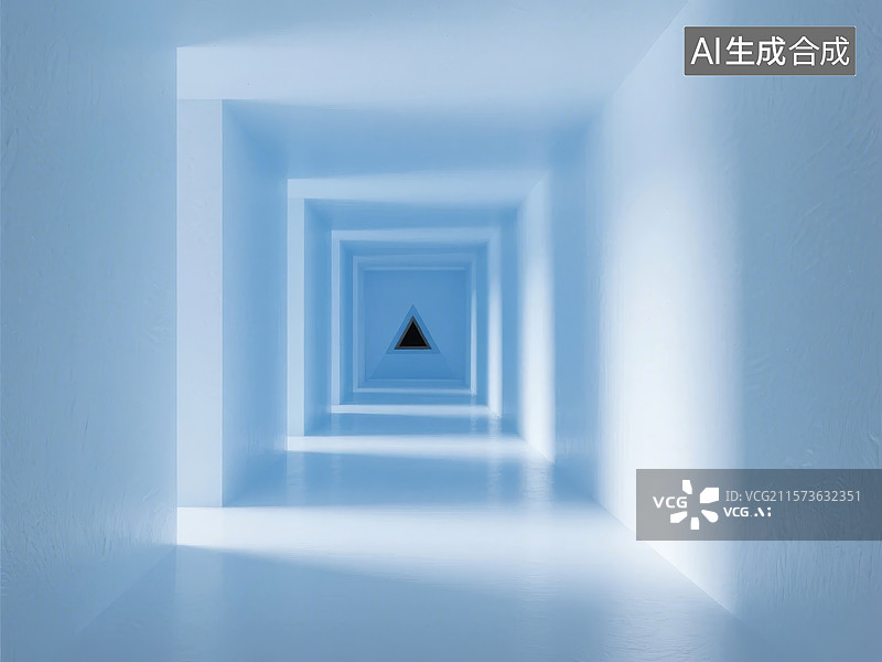 【AI数字艺术】蓝色渐变隧道中的黑色三角形图片素材