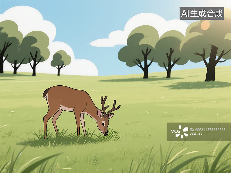 【AI数字艺术】鹿在绿草地上低头觅食图片素材