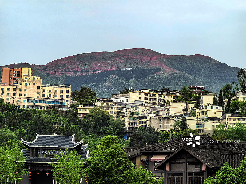 中国贵州黔东南丹寨县，丹寨万达小镇风光，丹寨万达小镇，丹寨龙泉山的杜鹃花，丹寨龙泉山蚩尤文化公园图片素材