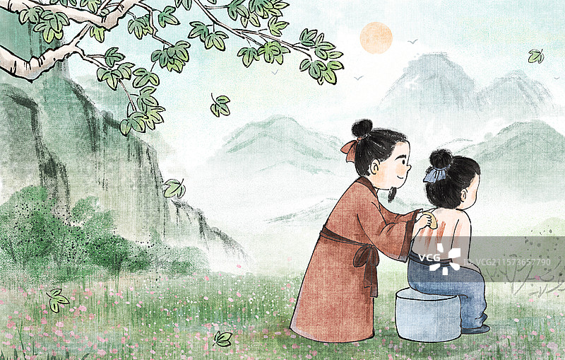手绘水墨中医刮痧场景风景治愈系插画图片素材