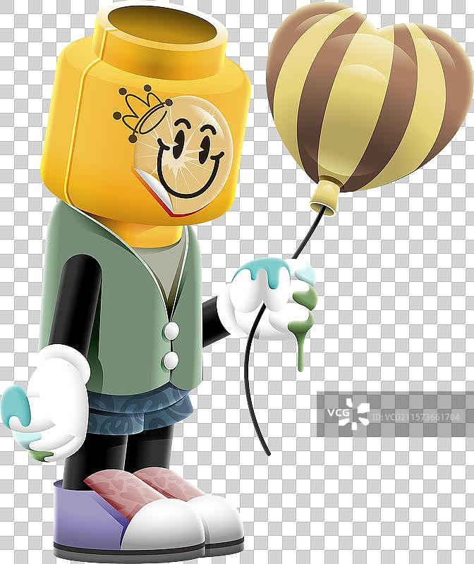 免抠素材：积木卡通人物形象手持爱心气球图片素材