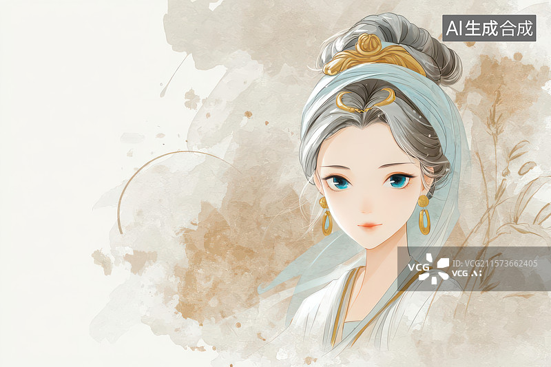 【AI数字艺术】古典佳人水墨晕染中式肖像图片素材