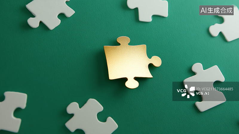 【AI数字艺术】绿色背景上拼图中突出金色核心缺口块图片素材