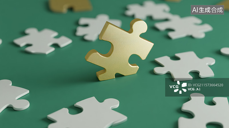 【AI数字艺术】绿色背景上拼图中突出金色核心缺口块图片素材