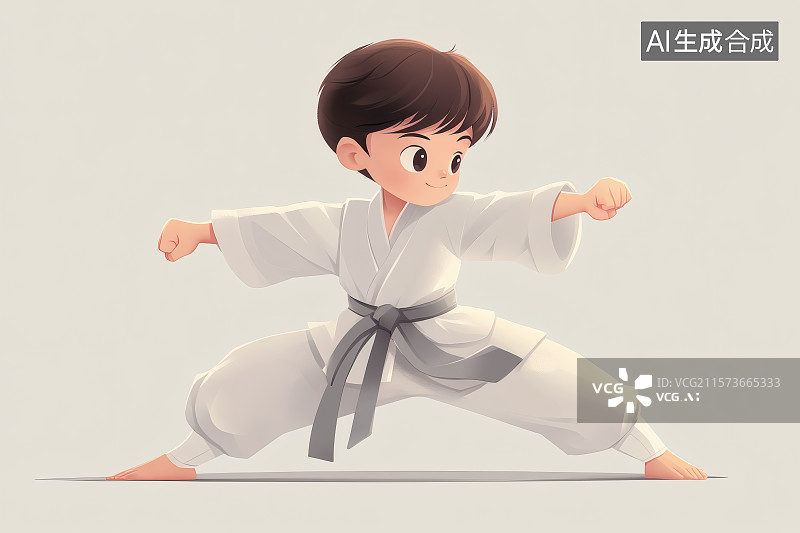 【AI数字艺术】卡通风格，穿着武士服正在练舞的小男孩图片素材