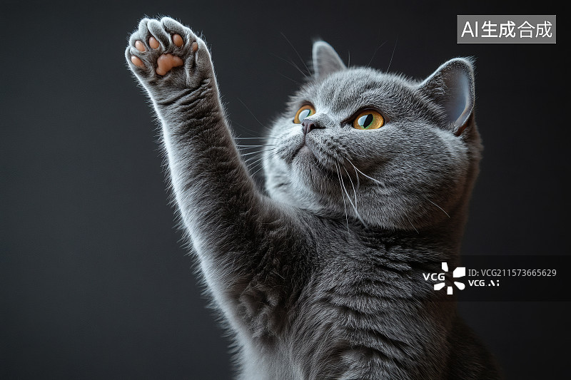 【AI数字艺术】黑色背景，一只可爱的蓝猫伸出手臂图片素材