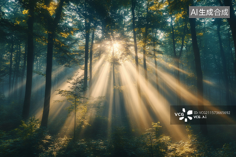 【AI数字艺术】清晨，阳光照射在树林中，形成丁达尔光图片素材