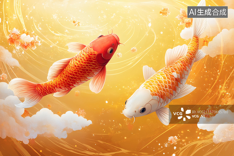 【AI数字艺术】一对金鱼，新年壁纸海报图片素材