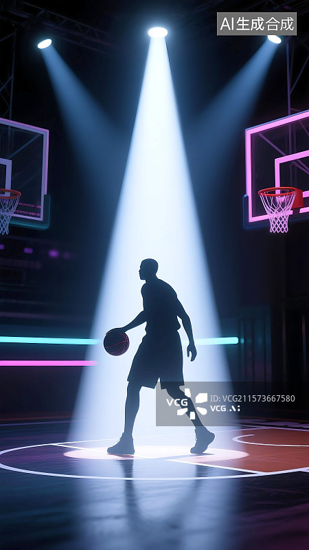 【AI数字艺术】3D三维立体C4D一个人打篮球运动员运动场篮球场世界杯体育比赛聚光灯动作轮廓剪影图片素材