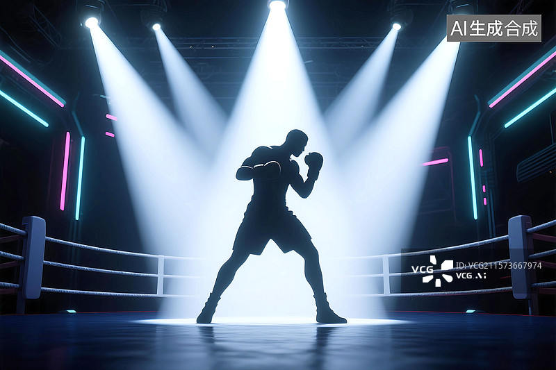 【AI数字艺术】3D三维立体C4D一个男人拳击运动员戴着拳套在拳击场站立在灯束下的动作轮廓剪影进行拳击比赛体育比赛图片素材