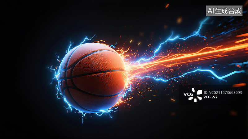 【AI数字艺术】3D三维立体C4D悬浮速度感踢篮球运动场篮球场世界杯体育比赛蓝色橙色粒子发光光影图片素材