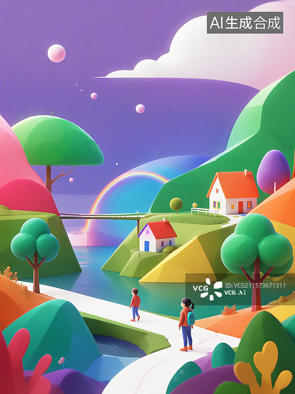 【AI数字艺术】三维游乐场背景 双11大促C4D现代几何形状的游乐园 平面构成的立体抽象场景 3D儿童天地 竖版图片素材