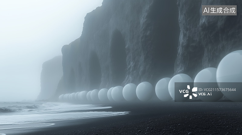 【AI数字艺术】黑沙滩与雾中的悬崖图片素材
