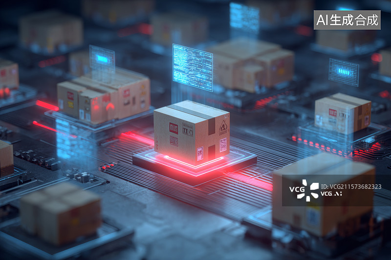 【AI数字艺术】物流包裹在数字平台上的自动分拣过程图片素材