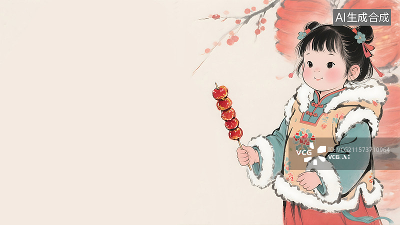 【AI数字艺术】拿糖葫芦的女孩水墨画背景居右图片素材