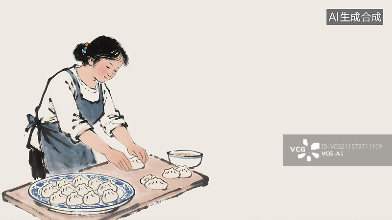 【AI数字艺术】包饺子的妈妈水墨画背景居左图片素材