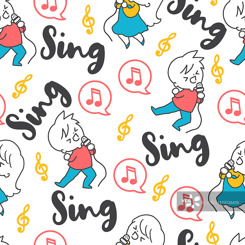 快乐的孩子们与音乐音符图案一起唱歌图片素材