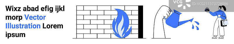 在砖墙上扑灭蓝色火焰的人图片素材