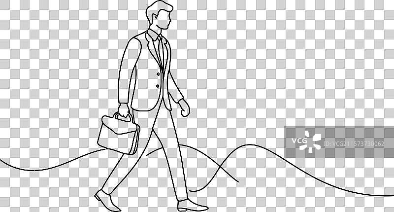 一个自信的商人走路的连续线条画图片素材