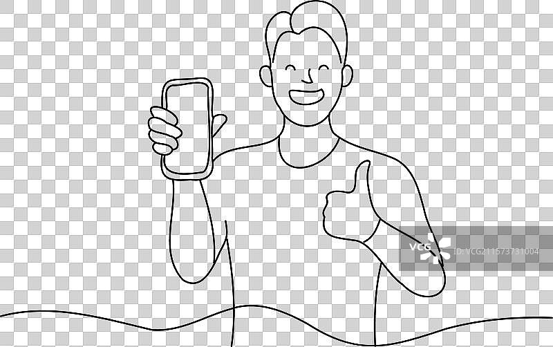 一个亚洲男子竖起大拇指，同时手里拿着一个图片素材