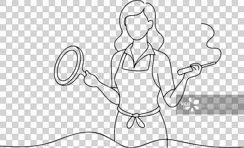 穿着围裙的女人手持煎锅和筷子图片素材