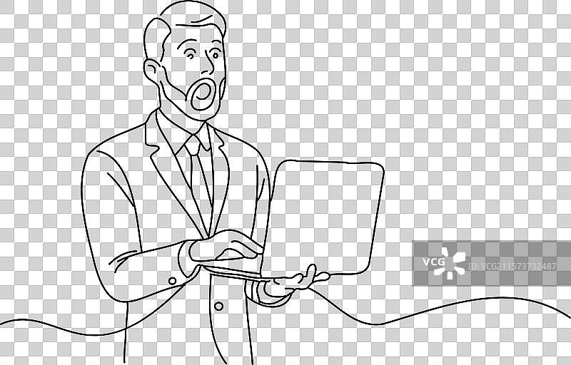 穿着西装的男人手持笔记本电脑，面露惊讶之色图片素材