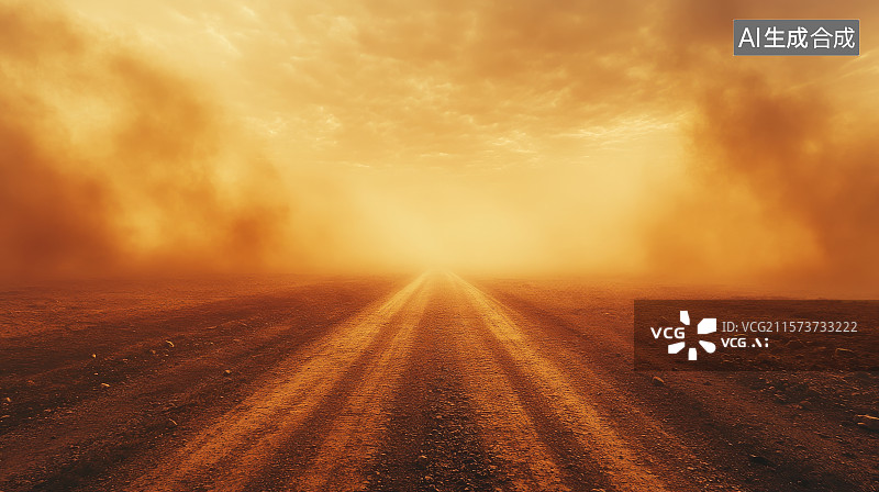 【AI数字艺术】日落时分的尘土飞扬道路图片素材