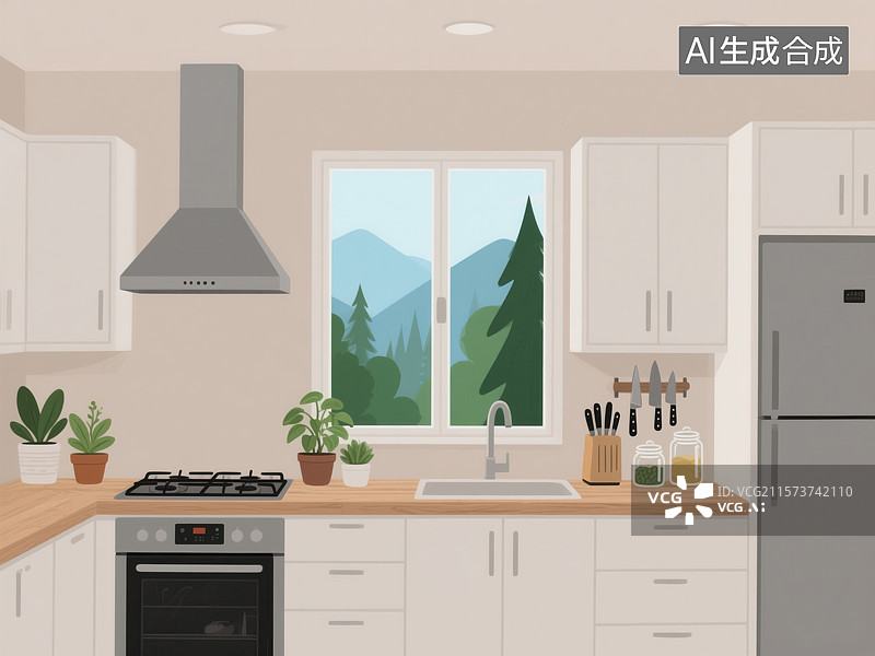 【AI数字艺术】窗畔森景：简约厨房的治愈日常图片素材