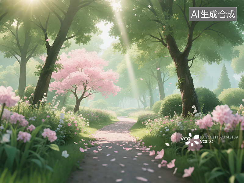 【AI数字艺术】春日梦幻森林中的浪漫小径图片素材