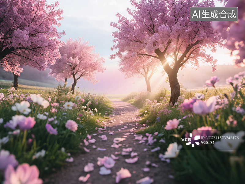 【AI数字艺术】春日梦幻森林中的浪漫小径图片素材